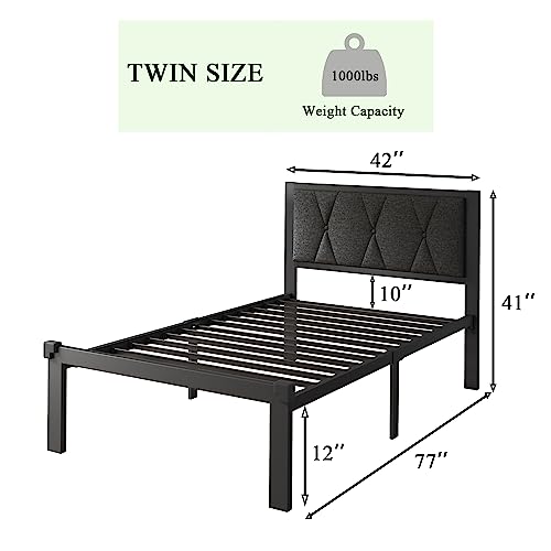 iPormis Twin Metal Platform Bed Frame with Upholstered Headboard, Upgraded Heavy Duty Bed Frame with Steel Slats Support/12 Under Bed Storage, Noise Free, No Box Spring Needed, Dark Gray