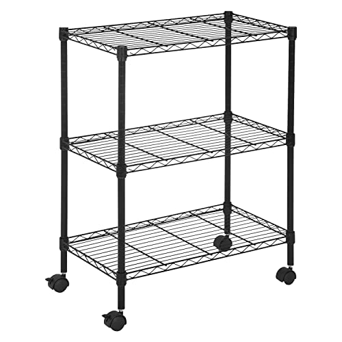 YRLLENSDAN 3 Tier Shelf, Small Closet Shelving Adjustable Shelving Unit Kitchen Storage Shelves with Wheels, Heavy Duty Steel Organizer Wire Rack, Black (32" H x 23" W x 13" D)