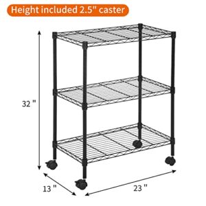 YRLLENSDAN 3 Tier Shelf, Small Closet Shelving Adjustable Shelving Unit Kitchen Storage Shelves with Wheels, Heavy Duty Steel Organizer Wire Rack, Black (32" H x 23" W x 13" D)