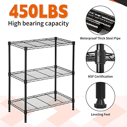 YRLLENSDAN 3 Tier Shelf, Small Closet Shelving Adjustable Shelving Unit Kitchen Storage Shelves with Wheels, Heavy Duty Steel Organizer Wire Rack, Black (32" H x 23" W x 13" D)