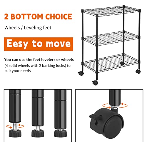 YRLLENSDAN 3 Tier Shelf, Small Closet Shelving Adjustable Shelving Unit Kitchen Storage Shelves with Wheels, Heavy Duty Steel Organizer Wire Rack, Black (32" H x 23" W x 13" D)