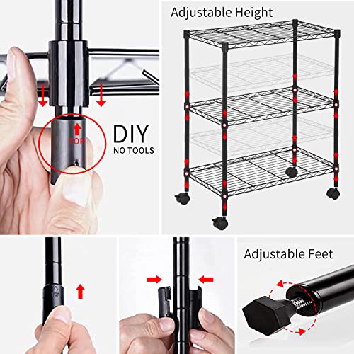 YRLLENSDAN 3 Tier Shelf, Small Closet Shelving Adjustable Shelving Unit Kitchen Storage Shelves with Wheels, Heavy Duty Steel Organizer Wire Rack, Black (32" H x 23" W x 13" D)