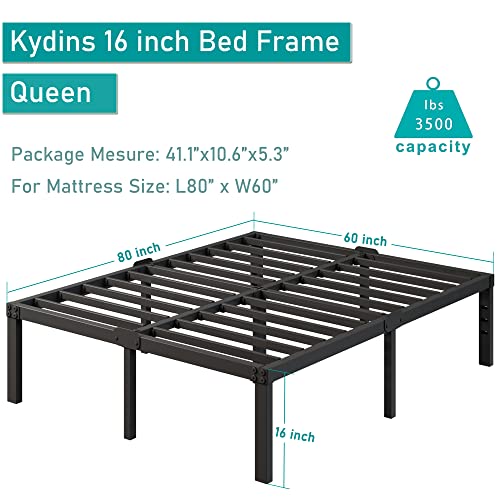 Kydins Queen Size Bed Frame with Storage Headboard Compatible Black Metal Platform No Box Spring Needed 3500 Lbs Heavy Duty Platform No Noise Non-Slip Sturdy Mattress Foundation