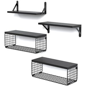 aiyome, wall floating shelves, wall mounted shelf set of 4, with metal baskets, rustic décor style, shelf for bathroom, kitchen, bedroom, storage, living room - black.