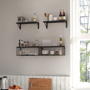 Aiyome, Wall Floating Shelves, Wall Mounted Shelf Set of 4, with Metal Baskets, Rustic Décor Style, Shelf for Bathroom, Kitchen, Bedroom, Storage, Living Room - Black.