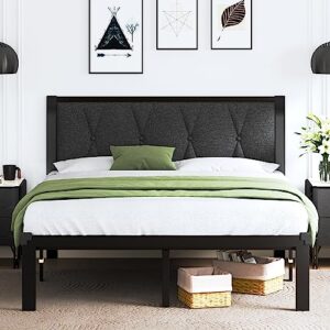 feonase full size metal bed frame with fabric button tufted headboard, platform bed frame with heavy duty metal slats, 12" storage space, noise free, no box spring needed, dark grey