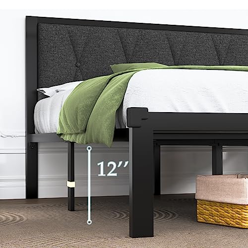 Feonase Full Size Metal Bed Frame with Fabric Button Tufted Headboard, Platform Bed Frame with Heavy Duty Metal Slats, 12" Storage Space, Noise Free, No Box Spring Needed, Dark Grey