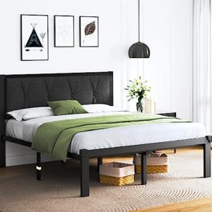 Feonase Full Size Metal Bed Frame with Fabric Button Tufted Headboard, Platform Bed Frame with Heavy Duty Metal Slats, 12" Storage Space, Noise Free, No Box Spring Needed, Dark Grey