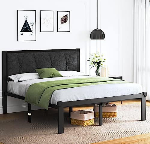 Feonase Full Size Metal Bed Frame with Fabric Button Tufted Headboard, Platform Bed Frame with Heavy Duty Metal Slats, 12" Storage Space, Noise Free, No Box Spring Needed, Dark Grey