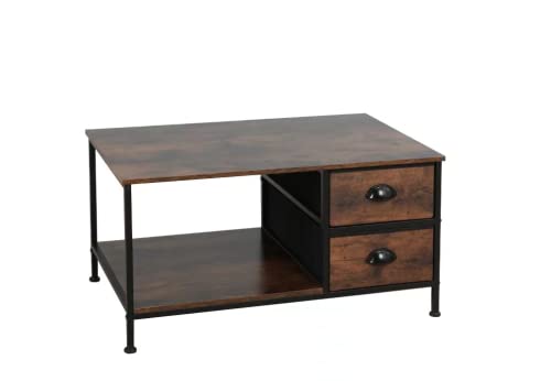 SENIG Coffee Table with Drawers, Coffee Table for Living Room, 2-Tier Coffee Tables with Storage Drawers，Brown Coffee Tables for Small Spaces, Rectangle Wood Ttable, Metal Side End Table