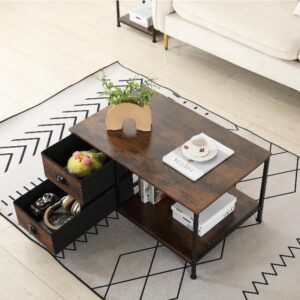 SENIG Coffee Table with Drawers, Coffee Table for Living Room, 2-Tier Coffee Tables with Storage Drawers，Brown Coffee Tables for Small Spaces, Rectangle Wood Ttable, Metal Side End Table