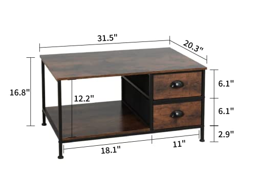 SENIG Coffee Table with Drawers, Coffee Table for Living Room, 2-Tier Coffee Tables with Storage Drawers，Brown Coffee Tables for Small Spaces, Rectangle Wood Ttable, Metal Side End Table