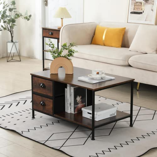 SENIG Coffee Table with Drawers, Coffee Table for Living Room, 2-Tier Coffee Tables with Storage Drawers，Brown Coffee Tables for Small Spaces, Rectangle Wood Ttable, Metal Side End Table