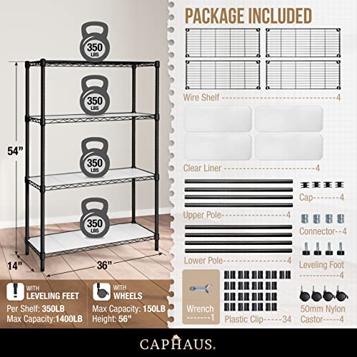 CAPHAUS NSF Heavy Duty Wire Shelving w/Wheels, Leveling Feet & Liners, Storage Metal Shelf, Garage Shelving Storage, Utility Wire Rack Storage Shelves, W/White Clear Liner, 36 x 14 x 56 4-Tier