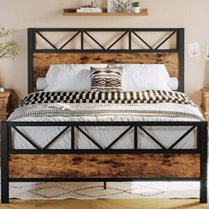 likimio queen bed frame, tall industrial headboard 51.2", platform bed frame queen with strong metal support, solid and stable, noise free, no box spring needed, easy assembly