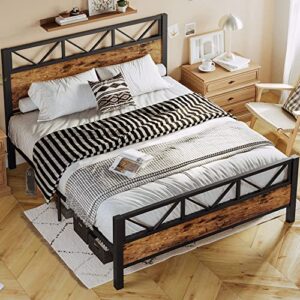 LIKIMIO Queen Bed Frame, Tall Industrial Headboard 51.2", Platform Bed Frame Queen with Strong Metal Support, Solid and Stable, Noise Free, No Box Spring Needed, Easy Assembly