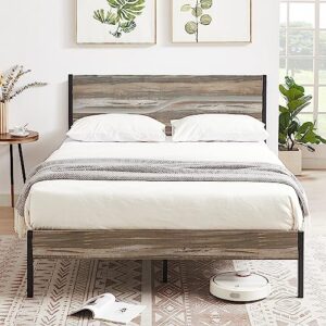 vecelo queen size platform bed frame with wood headboard, strong metal slats support mattress foundation, no box spring needed