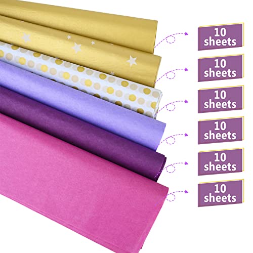 60 Sheets, 28 * 20 inches, Purple Metallic Gold Tissue Paper for Gift Wrapping, Star Polka Dots Patterned Tissue Paper for Gift Bags for Birthday, Eid al-Fitr, Hanukkah, Christmas, Wedding DIY Craft