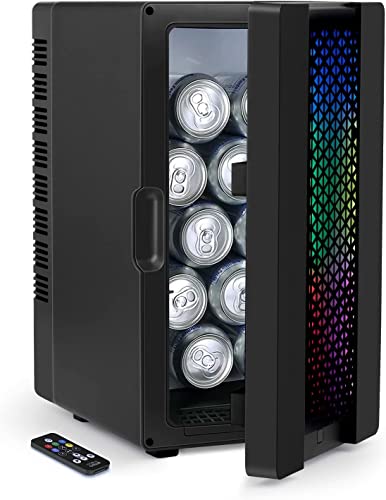 PERSONAL CHILLER 10L Mini Fridge with Colorful LED Lights, 10 Cans Cooler Beverage Refrigerator, Upgrade Color-changing RGB Lights Controlled by Remote