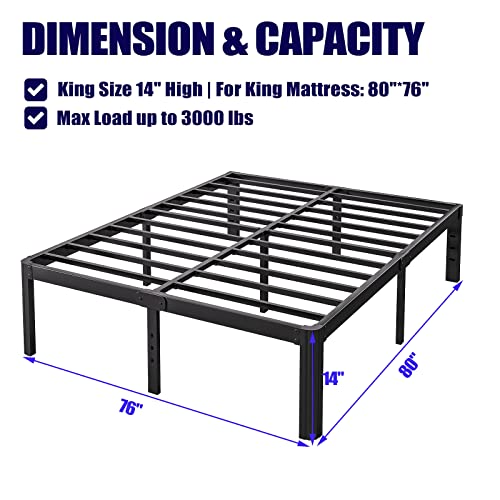 Hunlostten 14in High King Bed Frame No Box Spring Needed, Heavy Duty King Platform Bed Frame with Round Corners, Easy Assembly, Noise Free, Black