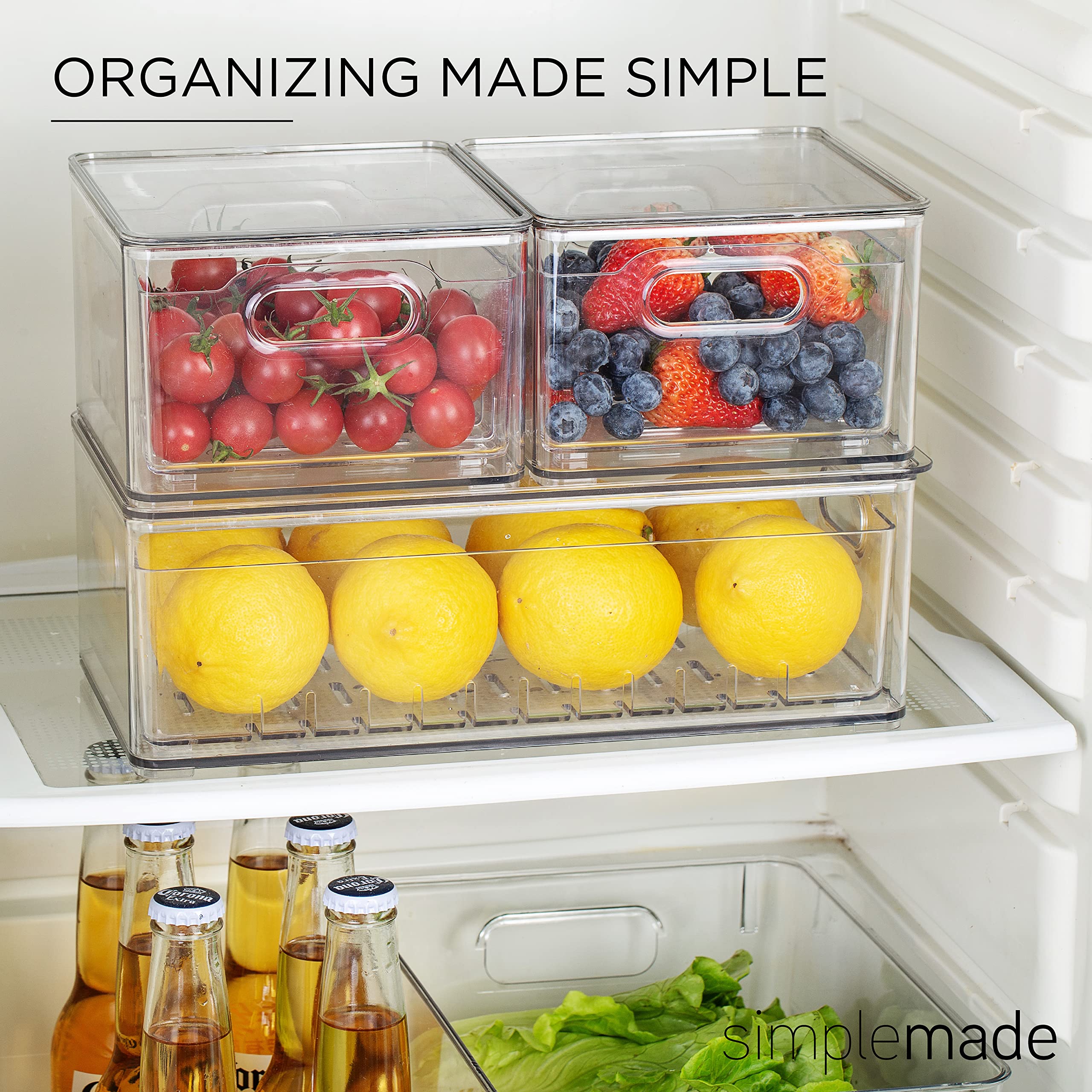 SIMPLEMADE Clear Berry Bins - Berry Keeper Container, Fruit Produce Saver Food Storage Containers with Removable Drain Colanders, Vegetable Fresh Keeper Set - Refrigerator Organizer (Square)