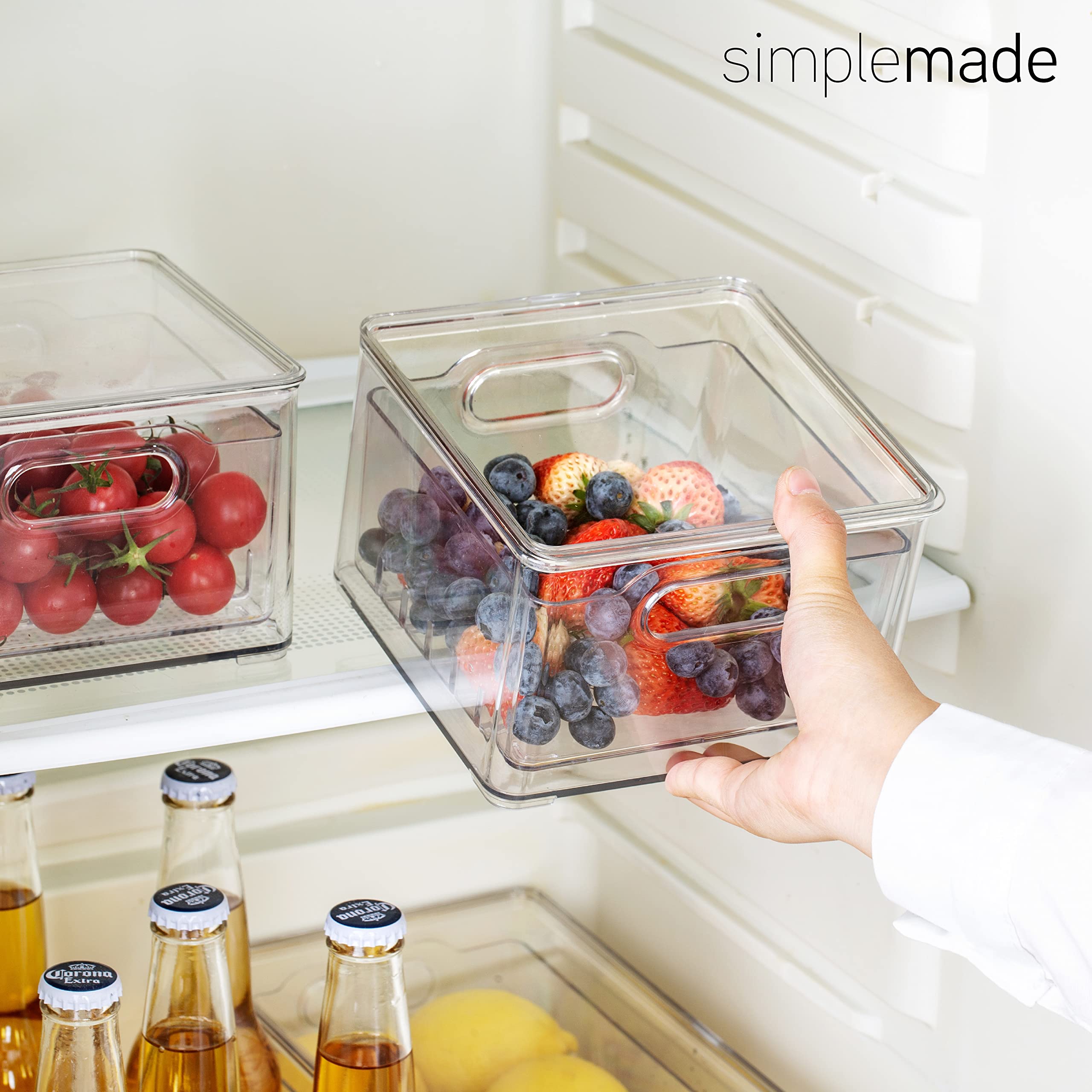 SIMPLEMADE Clear Berry Bins - Berry Keeper Container, Fruit Produce Saver Food Storage Containers with Removable Drain Colanders, Vegetable Fresh Keeper Set - Refrigerator Organizer (Square)