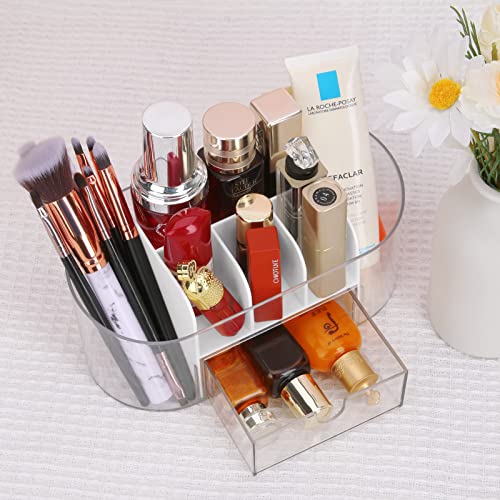 LETURE Clear Desk Organizer with drawer, Acrylic Pen Pencil Markers Holder, Clear Office Supplies and Accessories,Desktop Organizer for Room College Dorm Home School (White)