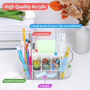 LETURE Clear Desk Organizer with drawer, Acrylic Pen Pencil Markers Holder, Clear Office Supplies and Accessories,Desktop Organizer for Room College Dorm Home School (White)