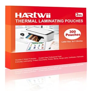hartwii 300 pack lamintaing sheets holds 8.5 x 11 inch sheets, 3 mil clear thermal laminating pouches 9 x 11.5 inch lamination sheet paper for laminator, round corner letter size