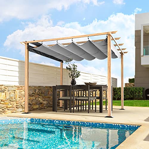 HAPPATIO 10' X 10' Pergola Retractable Pergola Canopy for Backyard, Garden, Patio; Woodgrain-Look Aluminum Pergola with Retractable Pergola Canopy, Includes Anchors and Expansion Screws (Grey)