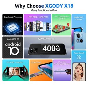 Xgody X18 4G Unlocked Phones, 6.3 Inch IPS Screen Smartphones, Android 10 OS Dual SIM Cheap Cell Phone, Quad Core 2GB+16GB, Dual 5MP+8MP Camera, 4000mAh Battery, Face ID Smart Phone (Blue)