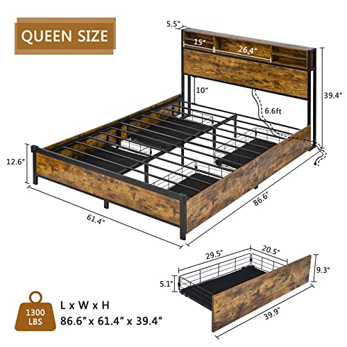 Alohappy Queen Bed Frame with 4 Storage Drawers and Bookcase Headboard, LED Bed Frame with Outlets and USB Ports, Metal Platform Bed Queen Size, No Box Spring Needed, Easy Assembly, Vintage Brown