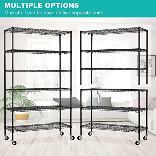 BLKMTY 6 Tier Wire Shelving Unit Adjustable Storage Shelves Metal Shelf with Wheels Wire Rack for Garage Basement Kitchen Racks 2100lbs Capacity Metal Pantry Shelves 48"x18"x82", Black