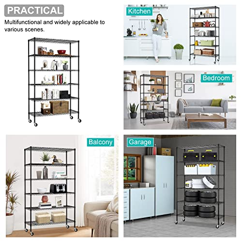 BLKMTY 6 Tier Wire Shelving Unit Adjustable Storage Shelves Metal Shelf with Wheels Wire Rack for Garage Basement Kitchen Racks 2100lbs Capacity Metal Pantry Shelves 48"x18"x82", Black