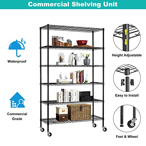 BLKMTY 6 Tier Wire Shelving Unit Adjustable Storage Shelves Metal Shelf with Wheels Wire Rack for Garage Basement Kitchen Racks 2100lbs Capacity Metal Pantry Shelves 48"x18"x82", Black