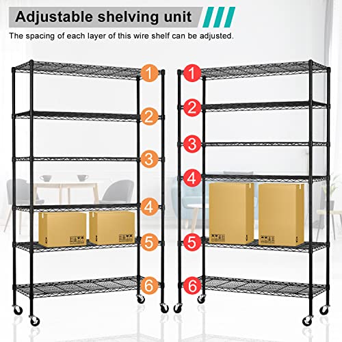 BLKMTY 6 Tier Wire Shelving Unit Adjustable Storage Shelves Metal Shelf with Wheels Wire Rack for Garage Basement Kitchen Racks 2100lbs Capacity Metal Pantry Shelves 48"x18"x82", Black