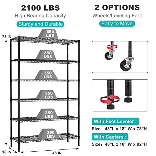 BLKMTY 6 Tier Wire Shelving Unit Adjustable Storage Shelves Metal Shelf with Wheels Wire Rack for Garage Basement Kitchen Racks 2100lbs Capacity Metal Pantry Shelves 48"x18"x82", Black