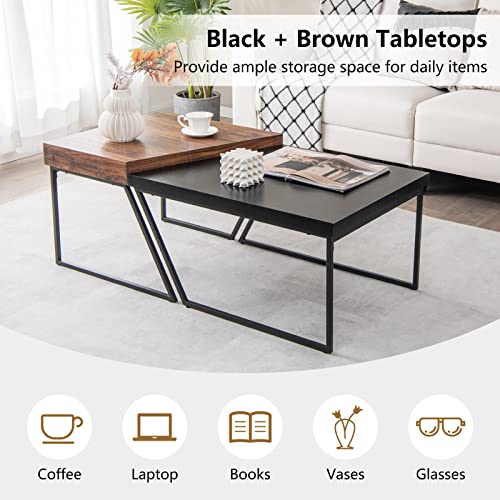 Giantex Stacking Coffee Table Set of 2, Black & Brown Modern Side Table with Powder Coated Metal Legs, Trapezoid Nesting Table for Living Room, Office, Bedroom, Black + Brown