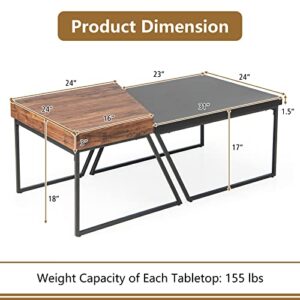 Giantex Stacking Coffee Table Set of 2, Black & Brown Modern Side Table with Powder Coated Metal Legs, Trapezoid Nesting Table for Living Room, Office, Bedroom, Black + Brown