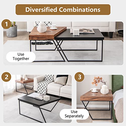 Giantex Stacking Coffee Table Set of 2, Black & Brown Modern Side Table with Powder Coated Metal Legs, Trapezoid Nesting Table for Living Room, Office, Bedroom, Black + Brown