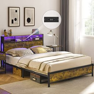alohappy full size bed frame with led bookcase headboard and charging station，metal platform bed frame with rgb light strips, sturdy and no noise easy installation no box spring needed
