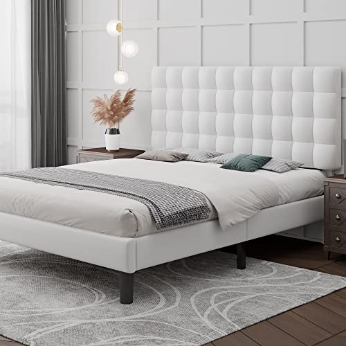 iPormis Queen Platform Bed Frame, Faux Leather Upholstered Bed Frame with Square Tufted Headboard, Wood Slats Support, No Box Spring Needed, Easy Assembly, White