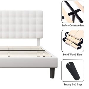 iPormis Queen Platform Bed Frame, Faux Leather Upholstered Bed Frame with Square Tufted Headboard, Wood Slats Support, No Box Spring Needed, Easy Assembly, White