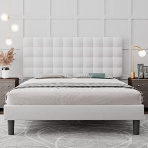 iPormis Queen Platform Bed Frame, Faux Leather Upholstered Bed Frame with Square Tufted Headboard, Wood Slats Support, No Box Spring Needed, Easy Assembly, White