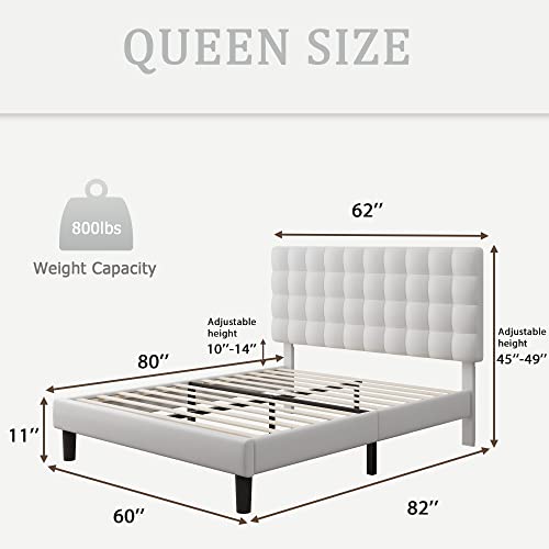 iPormis Queen Platform Bed Frame, Faux Leather Upholstered Bed Frame with Square Tufted Headboard, Wood Slats Support, No Box Spring Needed, Easy Assembly, White