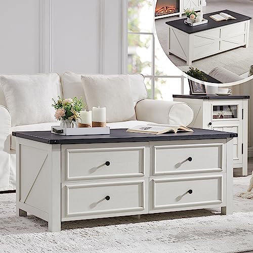 48” Modern Farmhouse Wood Coffee Table with 4 Large Storage Drawers; Decorative Rustic Living Room Coffee Table; Work from Home, Office and Living Room Storage for Books, Desk Supplies, Games, Blanket