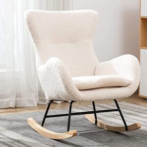 kiztir small rocking chair nursery, modern rocking chair with high backrest, comfy accent glider chair for nursery, living room, bedroom (beige)