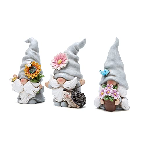 Hodao 3pcs 4.75" H Spring Summer Gnome Garden Decorations- Tomte Elf Fall Gnome Decorations Gifts -Swedish Elf Dwarf Figurine Table Gnome Decor Indoor Home Decorations (Gnome Gray 2)