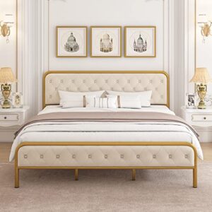 aihomstyle queen size bed frame, upholstered queen bed frame with velvet tufted headboard, heavy duty metal foundation, bed frame with wood slat support, no box spring needed, noise-free, gold/beige