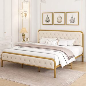 AIhomstyle Queen Size Bed Frame, Upholstered Queen Bed Frame with Velvet Tufted Headboard, Heavy Duty Metal Foundation, Bed Frame with Wood Slat Support, No Box Spring Needed, Noise-Free, Gold/Beige